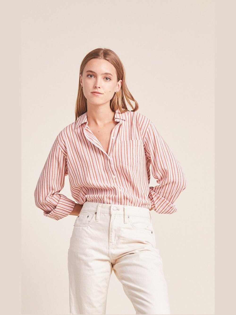 Trovata Grace Tanner Stripe Cotton Button Down Shirt Pink Rust M NWT
